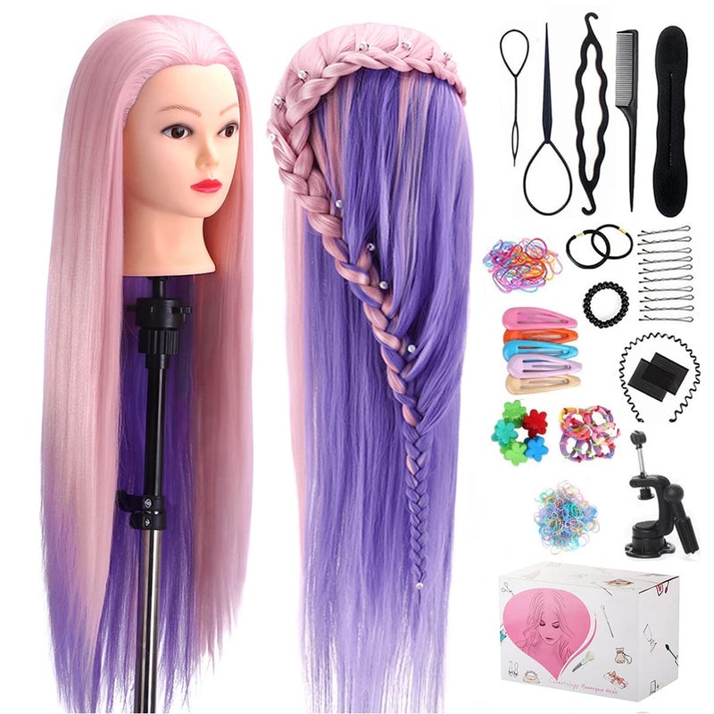 TopDirect 29" Mannequin Head with Hair,Doll Head for Cosmetology Hair Styling Training Head,Manikin Braiding Head With Clamp Holder and Styling Tools (Pink Purple) - Image 1